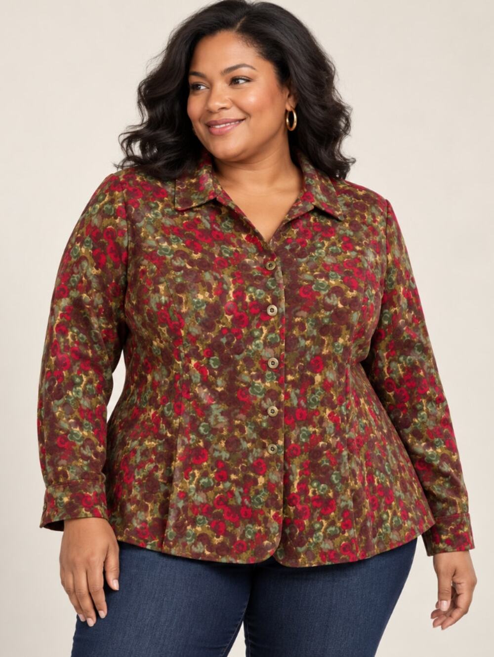 CJ Banks Women's 2X Red Burgundy Watercolor Floral Button Front Blouse Plus Size